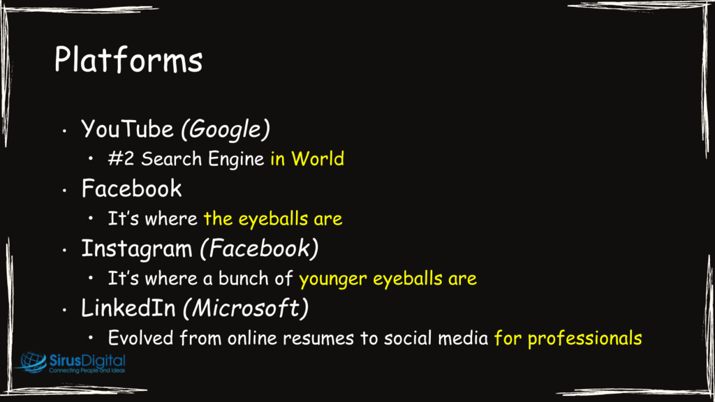 Four platforms for social media engagement: Facebook, Instagram, Linked-In, and YouTube.