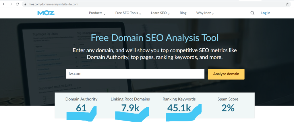 Moz.com screenshot of the Domain Authority for the Lantham & Watkins website.
