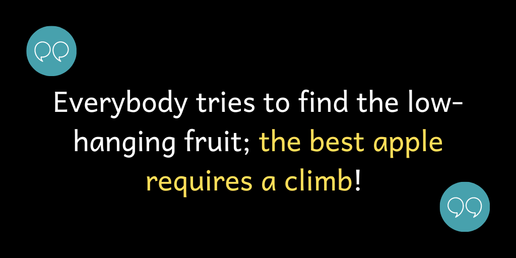 Everybody tries to find the low-hanging fruit; the best apple requires a climb!