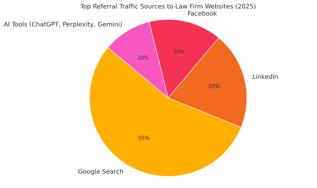 Distribution of referral traffic from different sources (search, social, & AI).