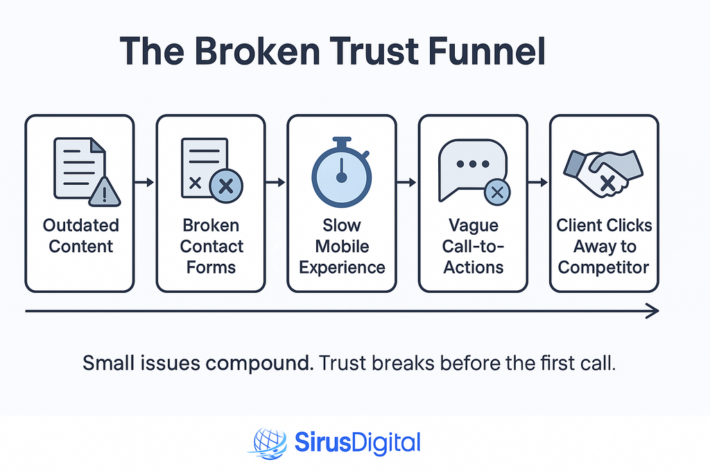 Common law firm website issues degrade trust and lead to lost clients.