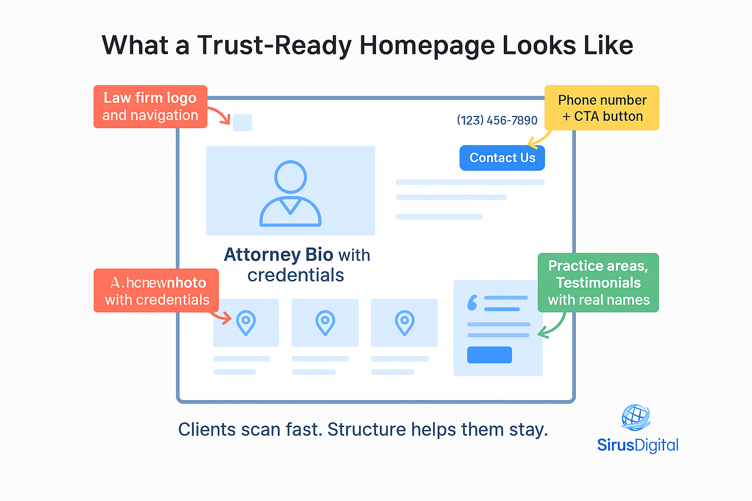 The design of your homepage and attorney bios are a main element in building trust via your legal website.