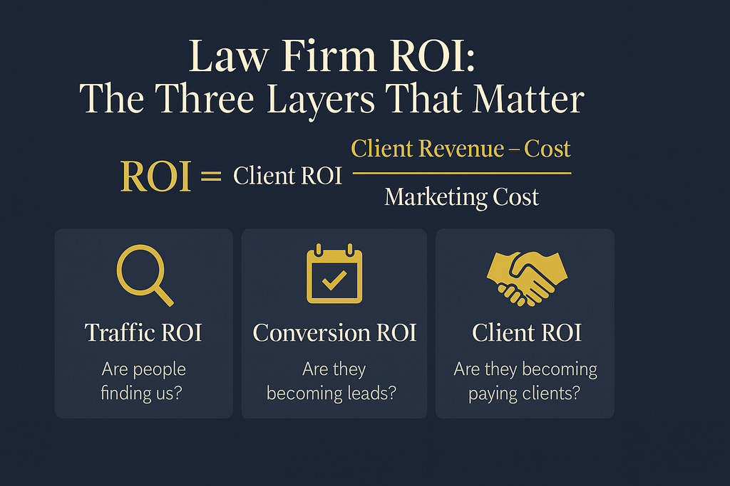 ROI is viewed in three perspectives: Returns as measured for Traffic, Conversions, and Clients. Effective strategies work to optimize all three.