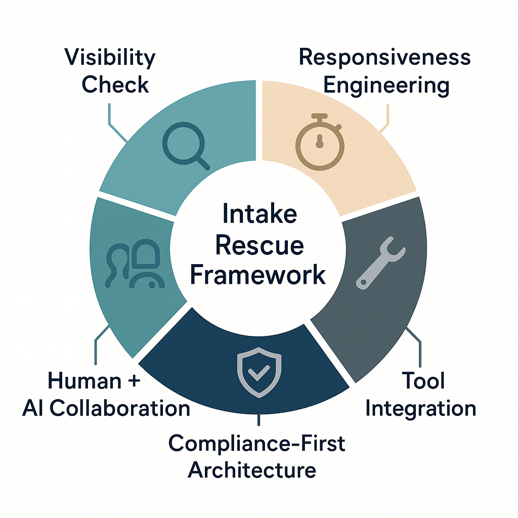 Implementing an Intake Rescue Framework involves Visibility Check, Responsiveness Engineering, Tool Integration, Compliance-First Architecture, and Human/AI Collaboration.